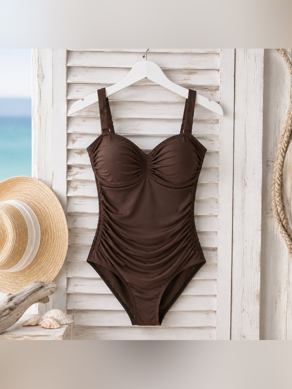Coco Reef 38D Cocoa Brown Ruched Underwire One Piece Swimsuit NWT